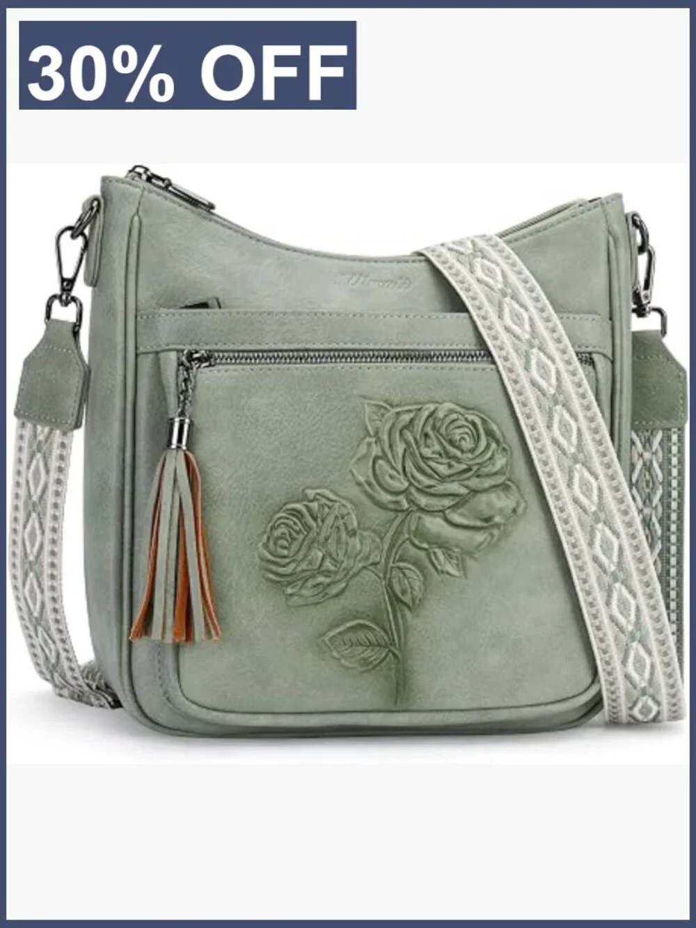 Vegan Leather Hobo Crossbody Bag - Embossed Floral, Adjustable Strap, Multi